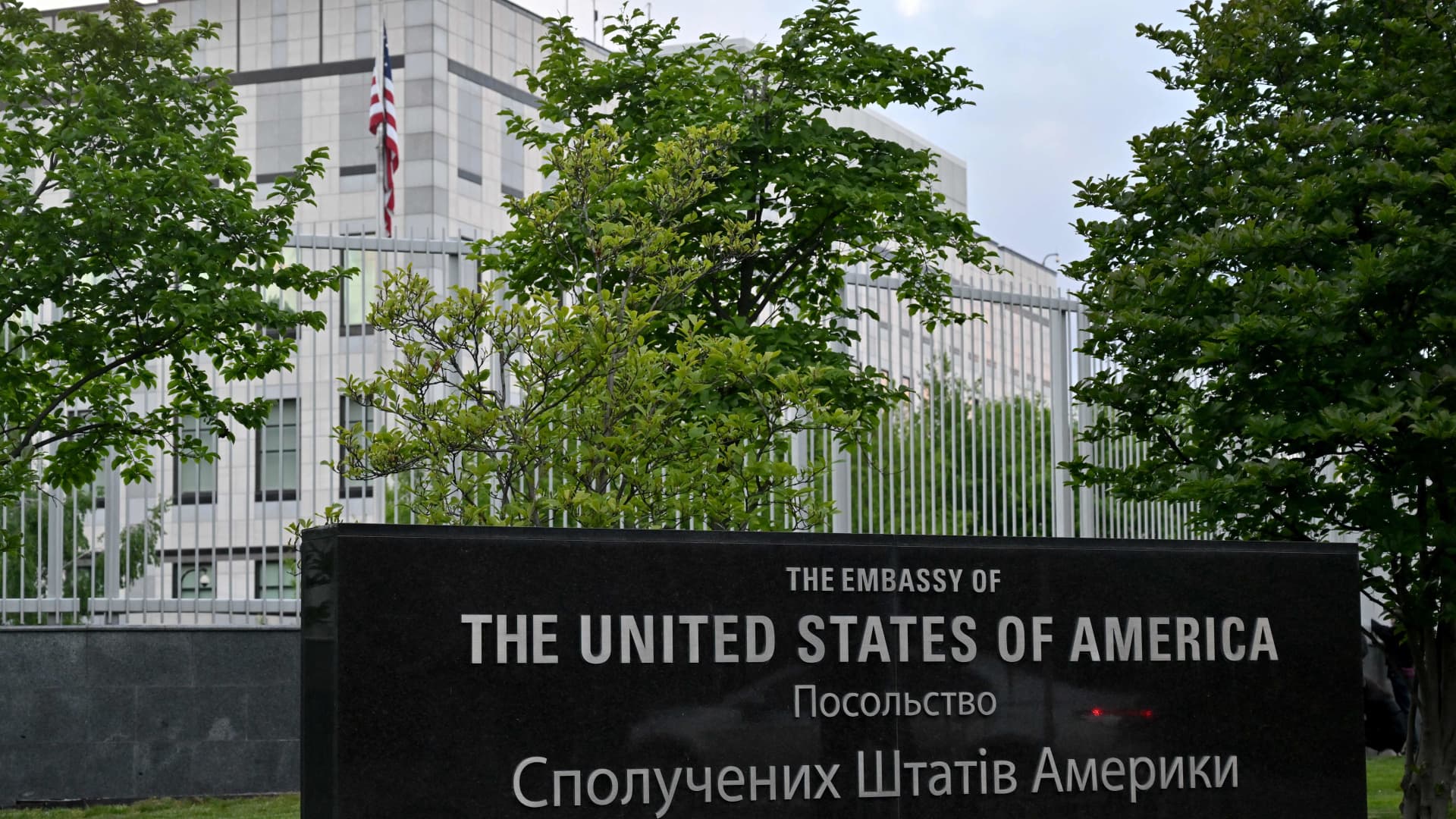 A picture shows a view of the US embassy in Kyiv on May 18, 2022. There is an American military officer in Ukraine as part of the U.S. embassy's defense attache, Pentagon Press Secretary John Kirby said, but the stance that U.S. troops will not be fighting in the Ukraine war has not changed.