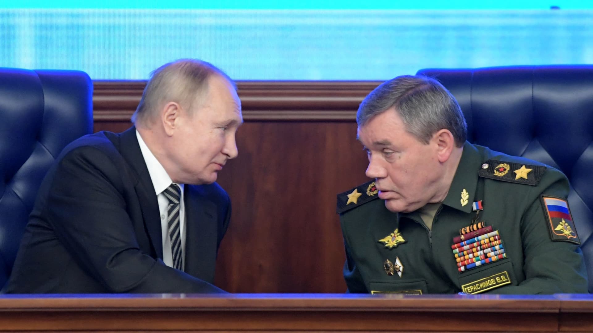 Russian Chief of the General Staff Valery Gerasimov, shown here with Vladimir Putin, has likely held onto his job but may have lost Putin's confidence, the British government says.