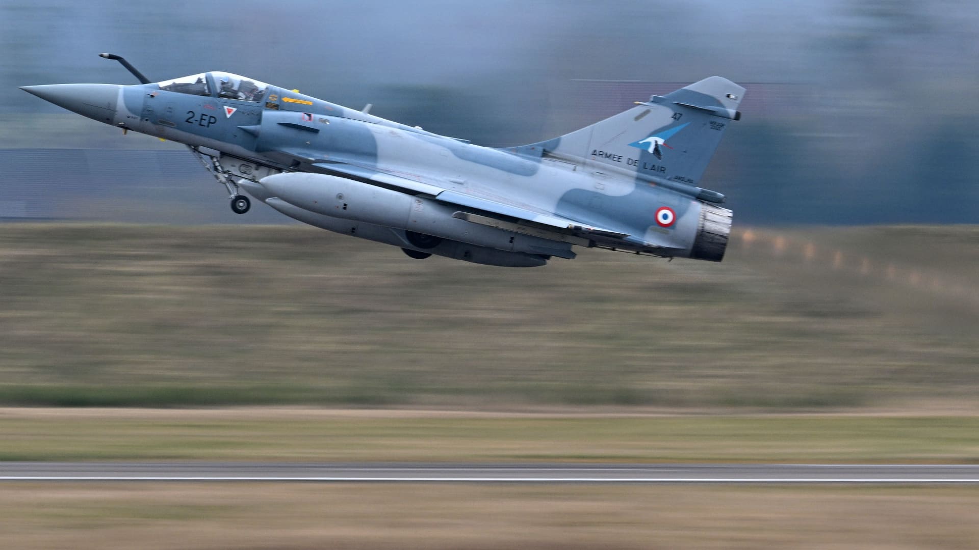 A Mirage 2000-5F jet fighter takes off from Luxeuil-Saint Sauveur air-base 116, in Saint-Sauveur, eastern France, on March 13, 2022.