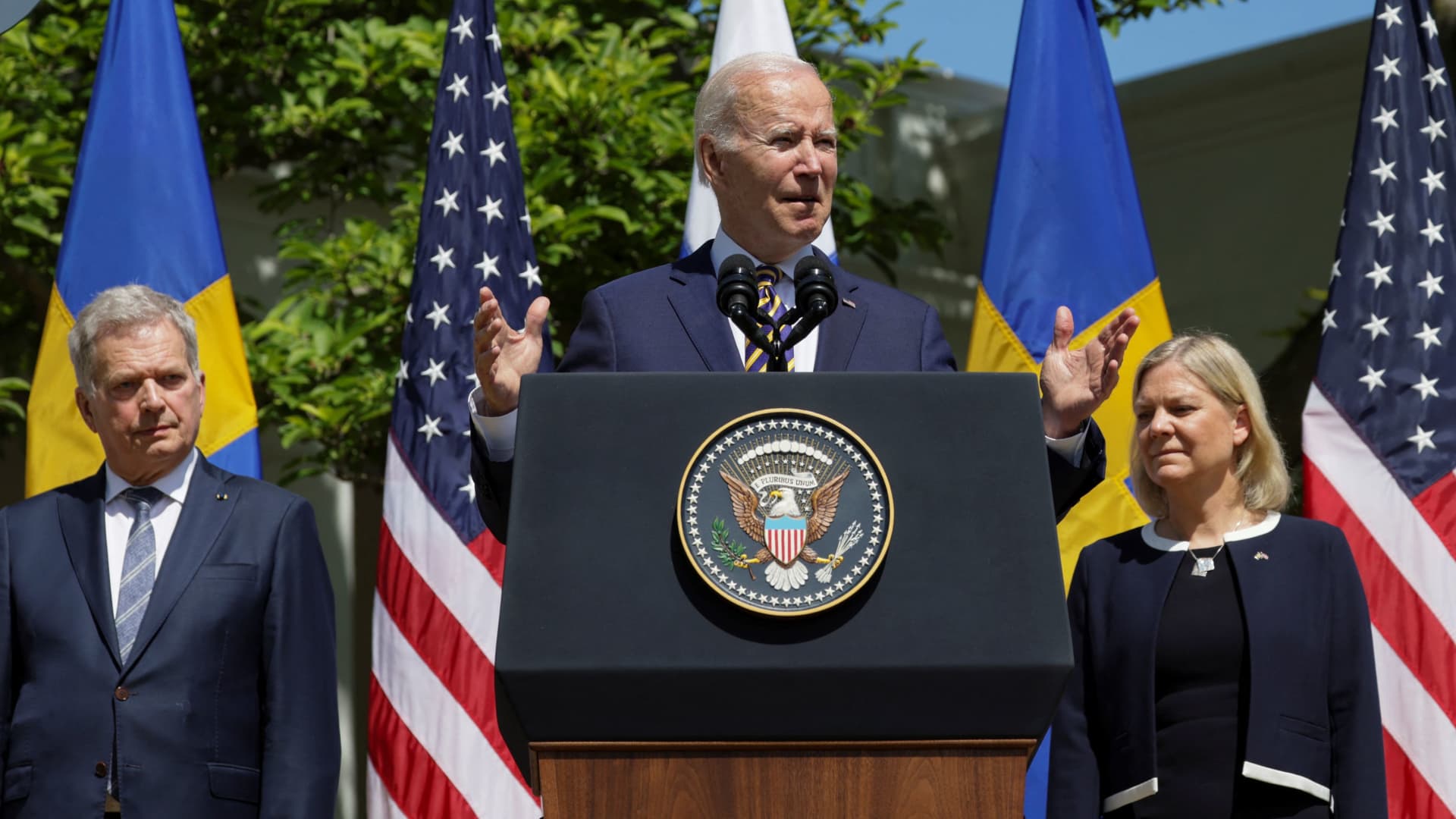 U.S. President Joe Biden delivers remarks next to Sweden's Prime Minister Magdalena Andersson and Finland's President Sauli Niinisto, in the Rose Garden of the White House in Washington, U.S., May 19, 2022. 