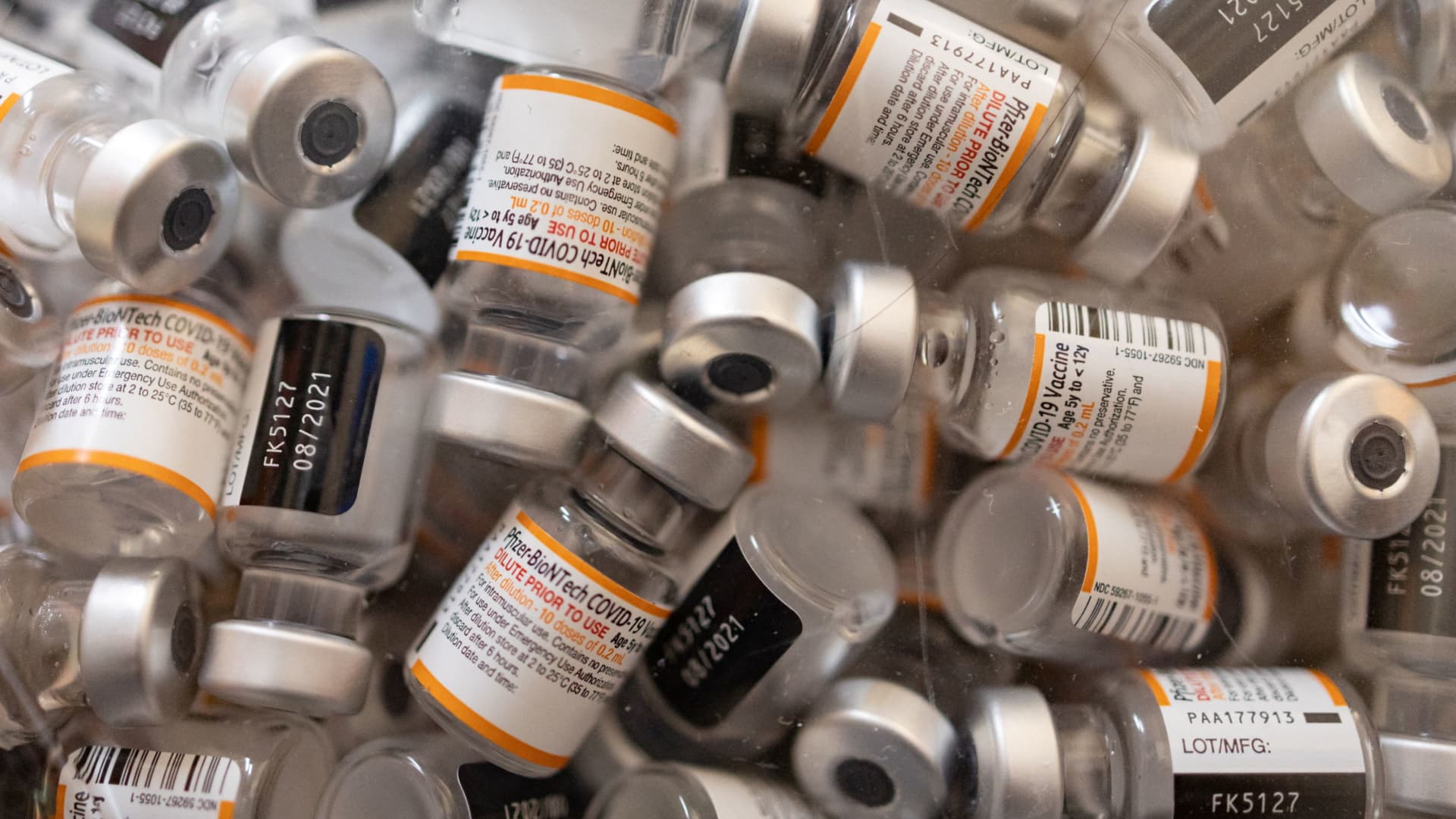 Empty vials of Pfizer-BioNTech coronavirus disease (COVID-19) children's vaccines are pictured at Skippack Pharmacy in Schwenksville, Pennsylvania, U.S., May 19, 2022. 