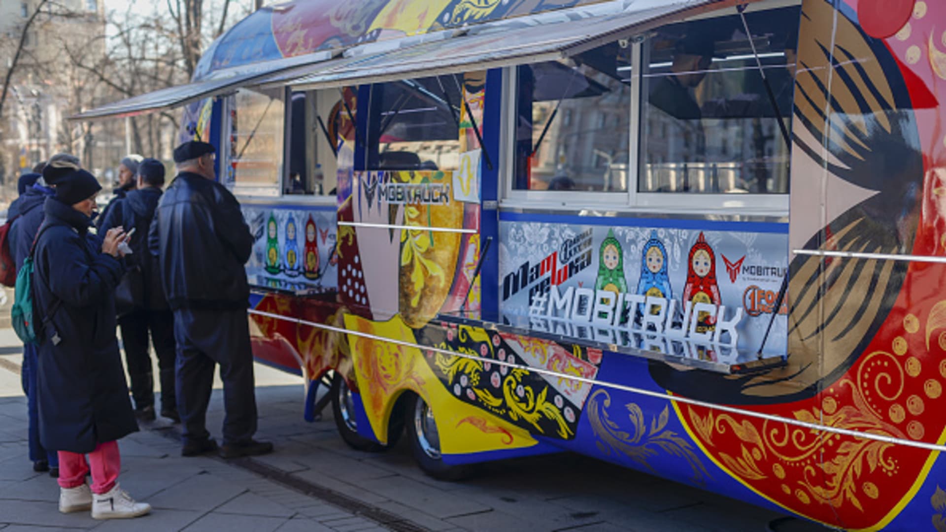 A mobile fast food van is seen in Moscow, Russia, as people buy alternative fast food after McDonald's closed its roughly 850 restaurants across the country. March 21, 2022.