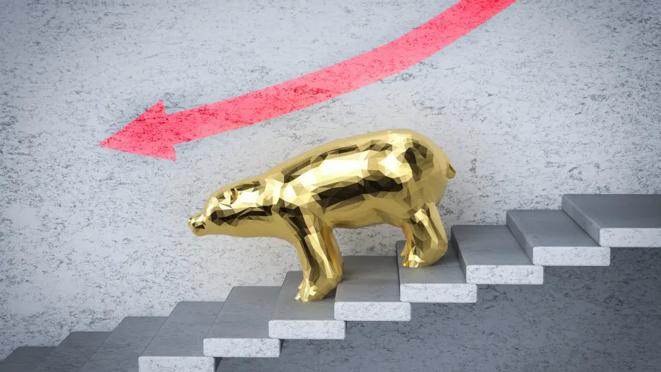 Bear stock market concept with 3d rendering bear walk down stairs with red arrow head down