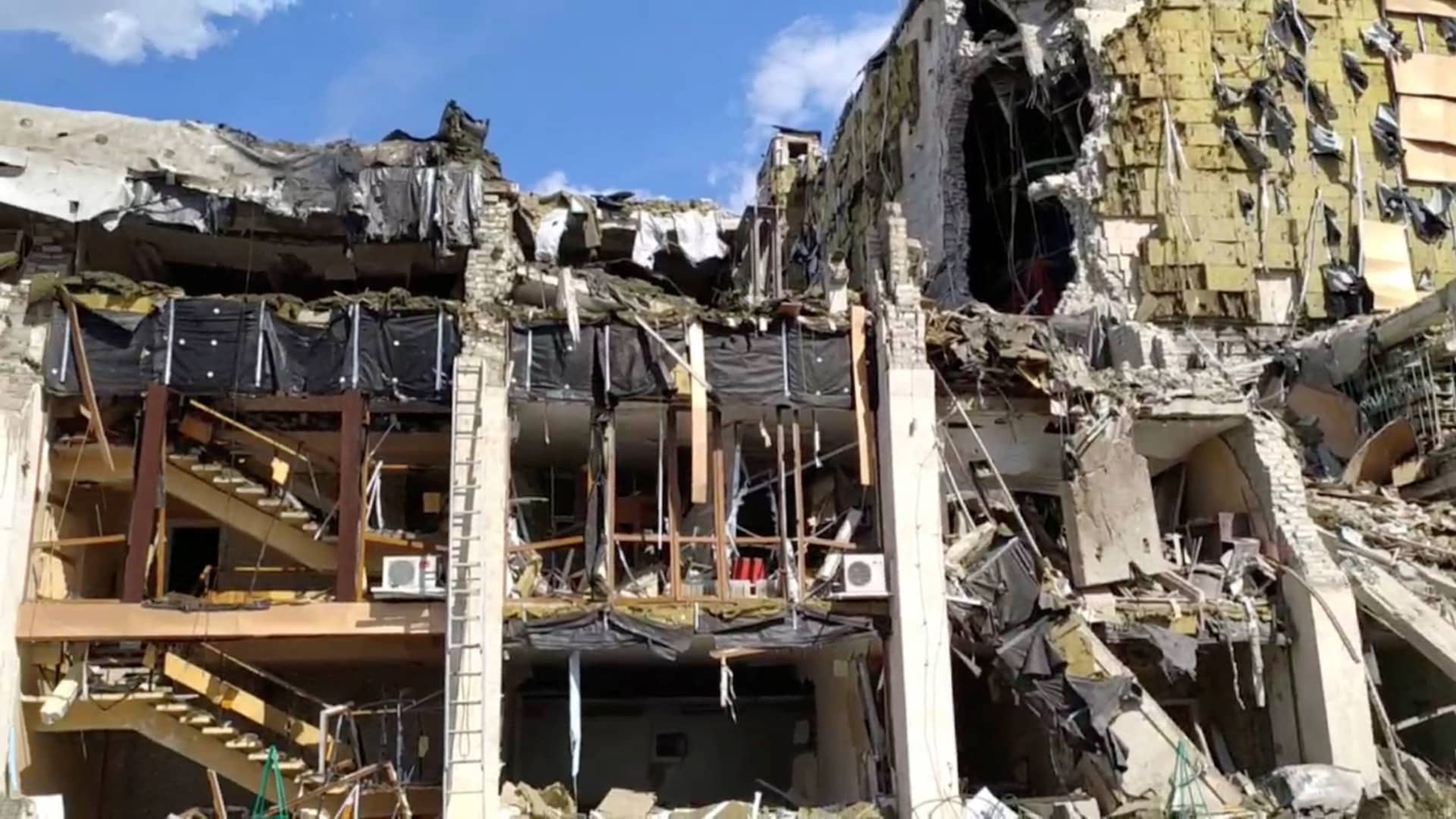 A still image shows a destroyed building after an airstrike on the Cultural Centre, as Russia's attack on Ukraine continues, in Lozova, Kharkiv region, Ukraine in this screen grab taken from a handout video released May 20, 2022.