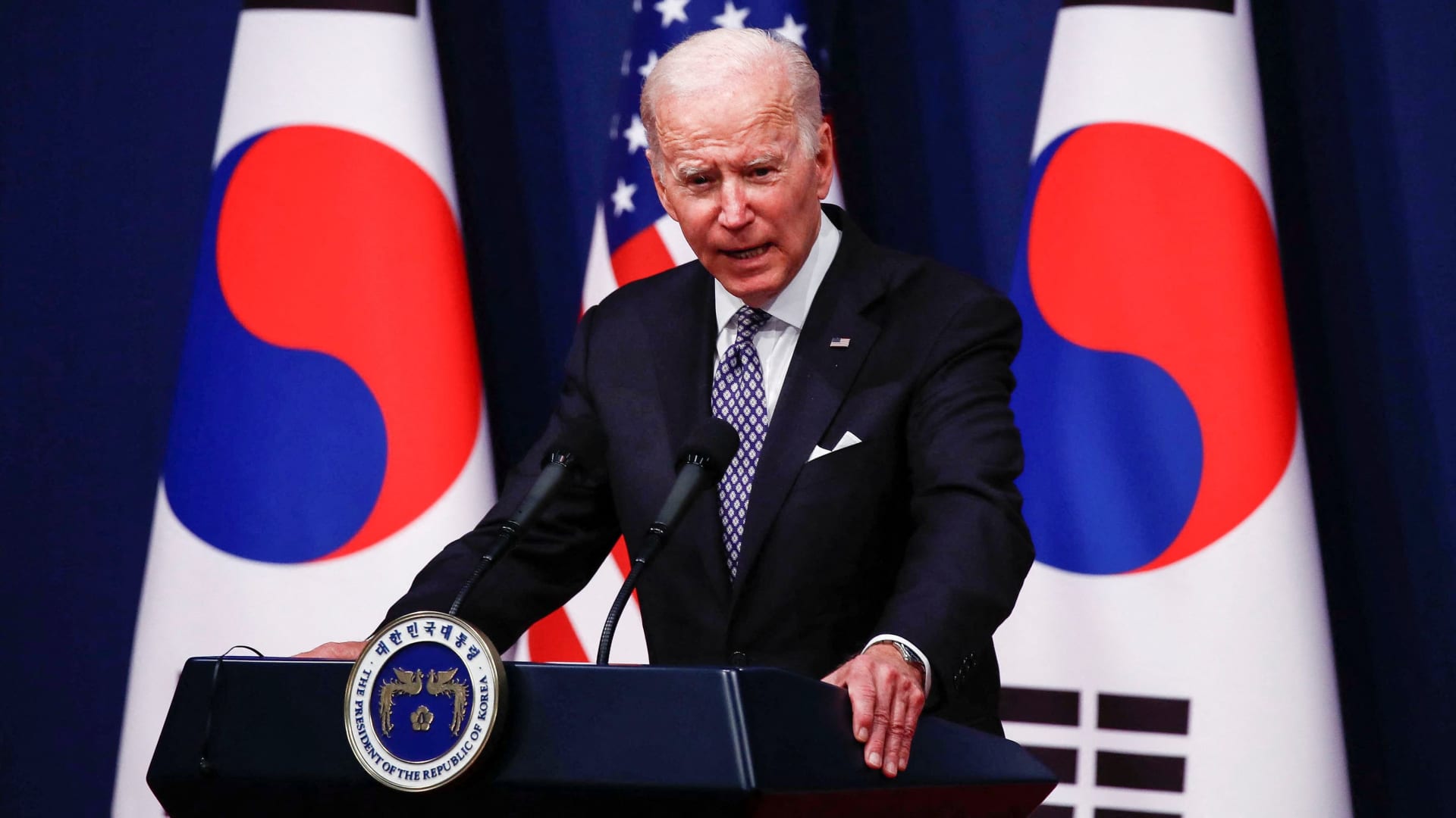 U.S. President Joe Biden speaks during a joint news conference with South Korean President Yoon Suk-yeol at the Presidential office in Seoul, South Korea, May 21, 2022. 