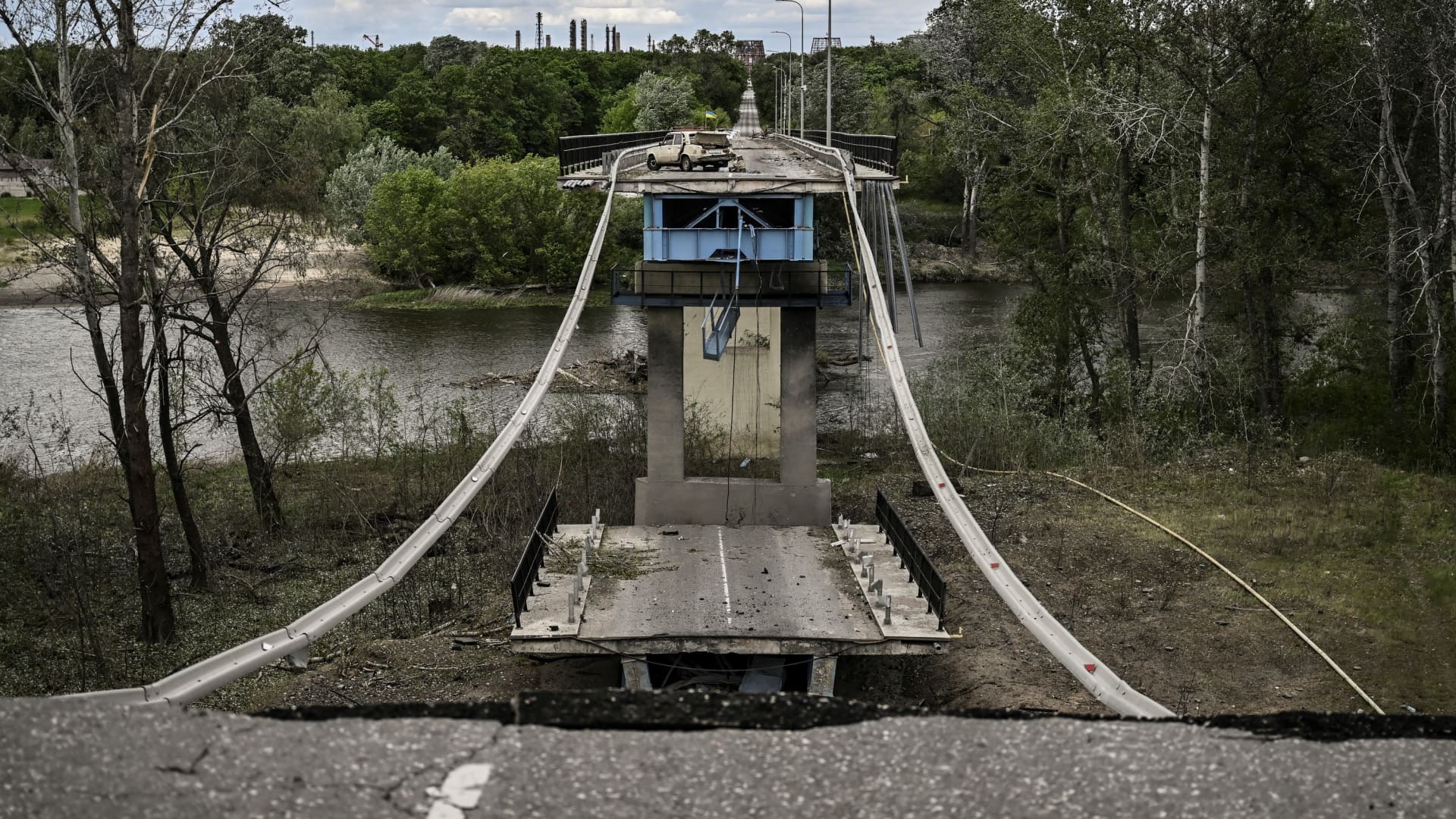 A picture taken on May 22, 2022, shows the destroyed bridge connecting the city of Lysychansk with the city of Severodonetsk in the eastern Ukranian region of Donbas, amid Russian invasion of Ukraine.