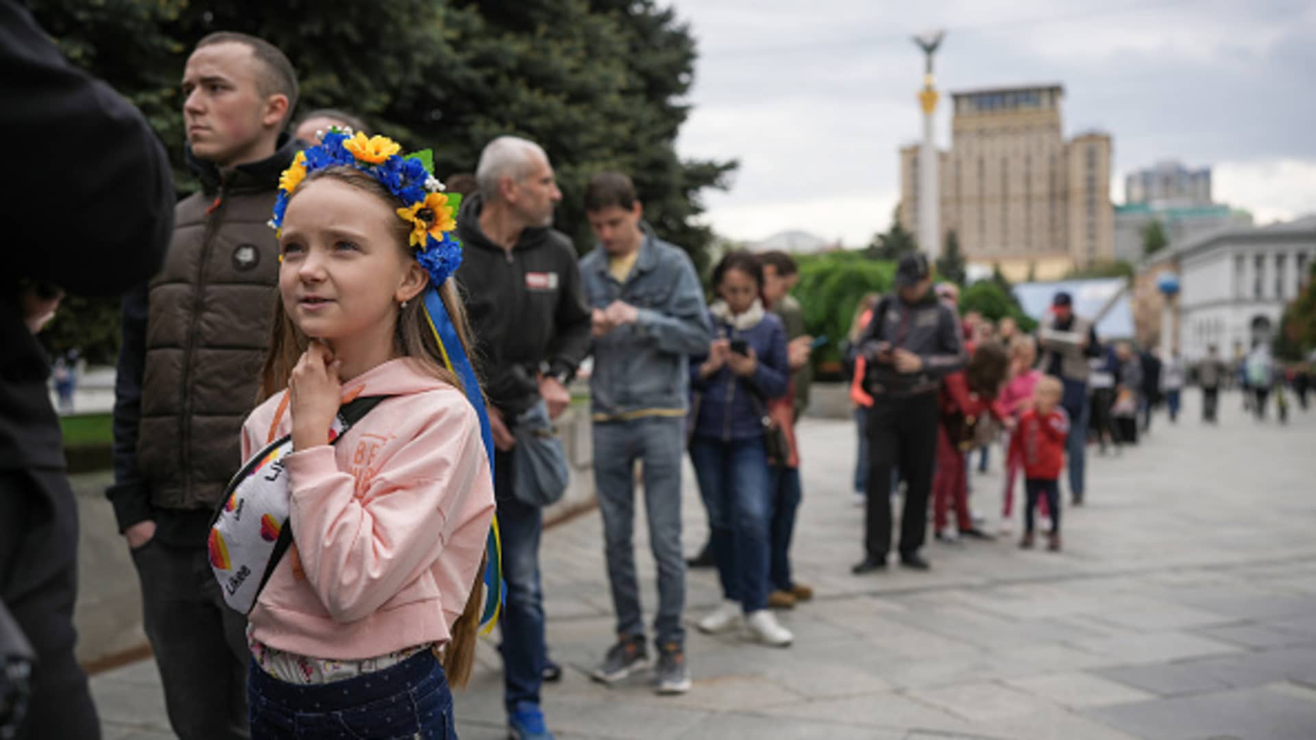 Hundreds of people queue at Kyiv central post office for a new Ukrainian postal service stamp marking the sinking of Russian warship Moskva on May 23, 2022 in Kyiv, Ukraine.