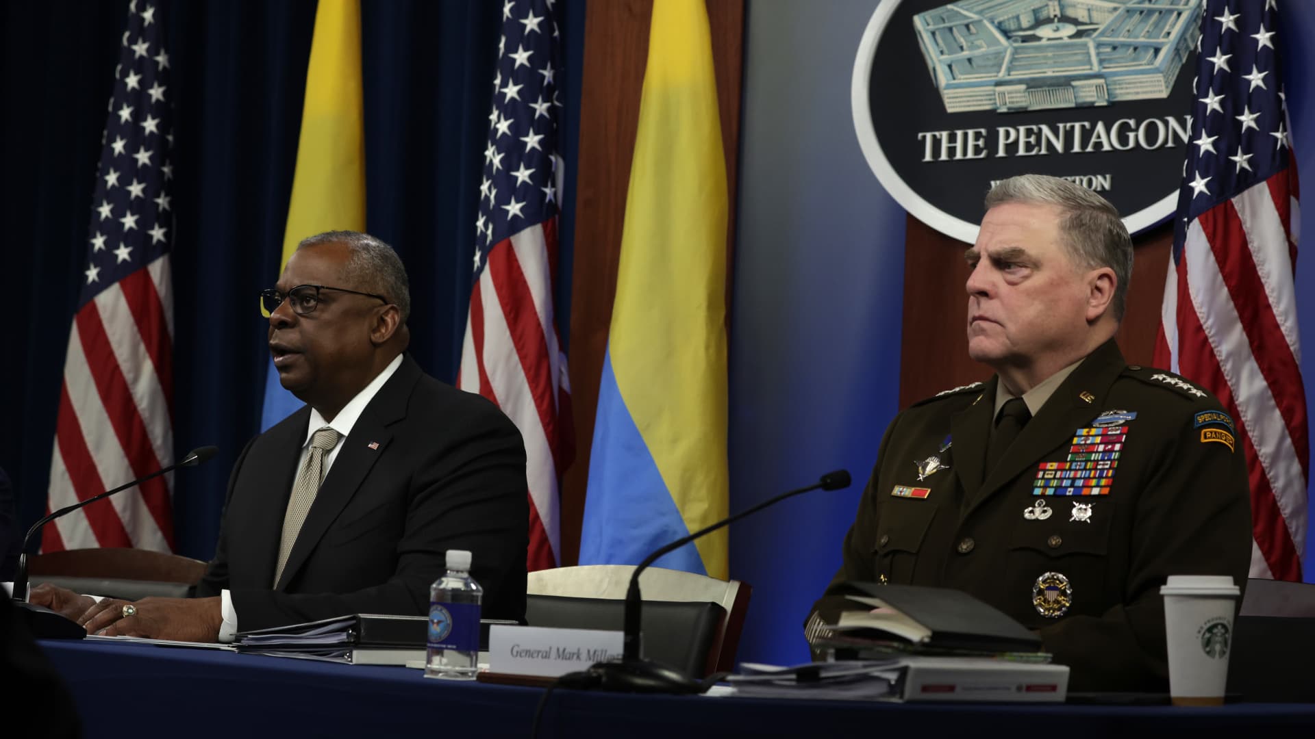 U.S. Secretary of Defense Lloyd Austin (L) gives opening remarks as Chairman of the Joint Chiefs of Staff General Mark Milley (R) listens during a virtual meeting of the Ukraine Defense Contact Group at the Pentagon May 23, 2022 in Arlington, Virginia.