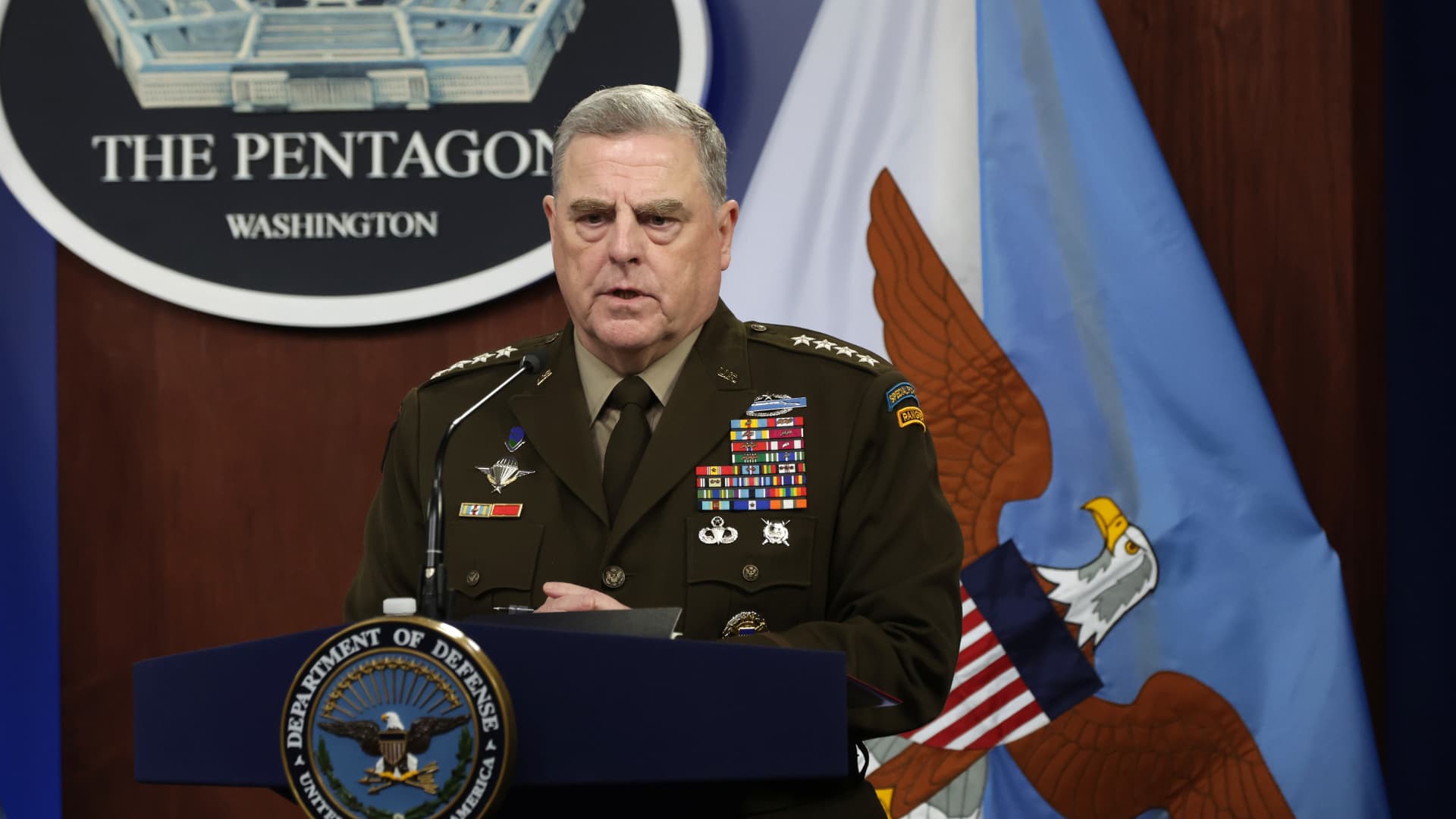 Chairman of the Joint Chiefs of Staff General Mark Milley participates in a news briefing at the Pentagon May 23, 2022 in Arlington, Virginia.