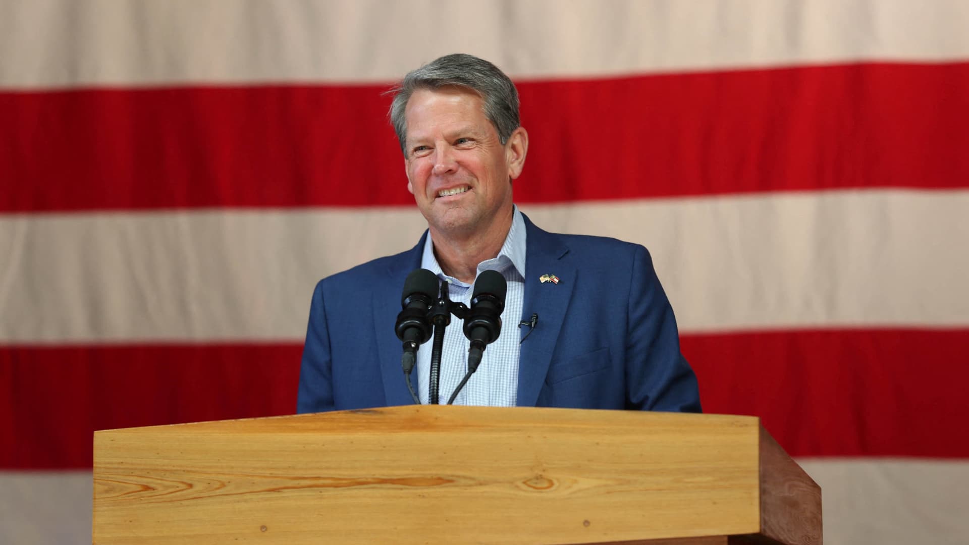 Georgia Governor Brian Kemp speaks during a rally ahead of the state's Republican primary, in Kennesaw, Georgia, U.S. May 23, 2022. 