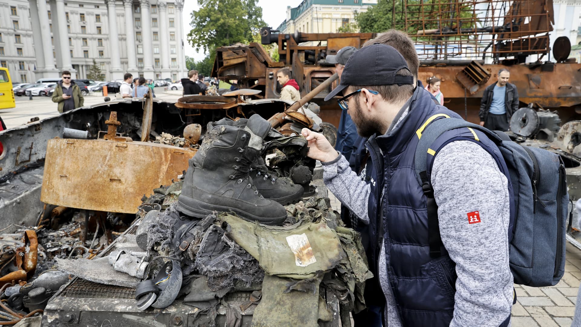 Destroyed Russian tanks and military equipment on display for public at Mykhailivska Square in Kyiv, Ukraine on May 23, 2022 as Russian-Ukrainian conflict continues. 