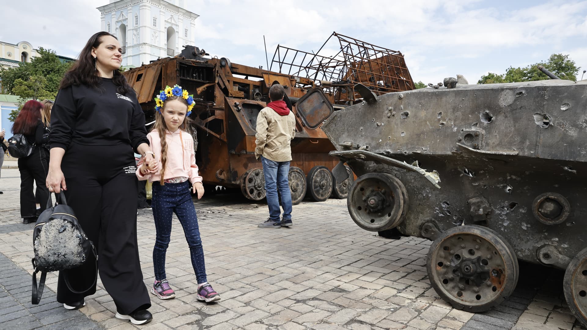 Destroyed Russian tanks and military equipment on display for public at Mykhailivska Square in Kyiv, Ukraine on May 23, 2022 as Russian-Ukrainian conflict continues. 