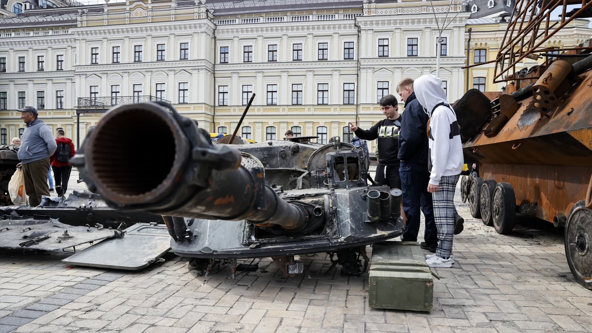Destroyed Russian tanks and military equipment on display for public at Mykhailivska Square in Kyiv, Ukraine on May 23, 2022 as Russian-Ukrainian conflict continues.