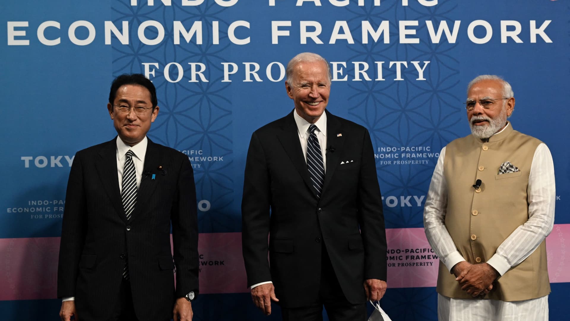 Japan's Prime Minister Fumio Kishida, US President Joe Biden, and India's Prime Minister Narendra Modi attend the Indo-Pacific Economic Framework for Prosperity on May 23, 2022.