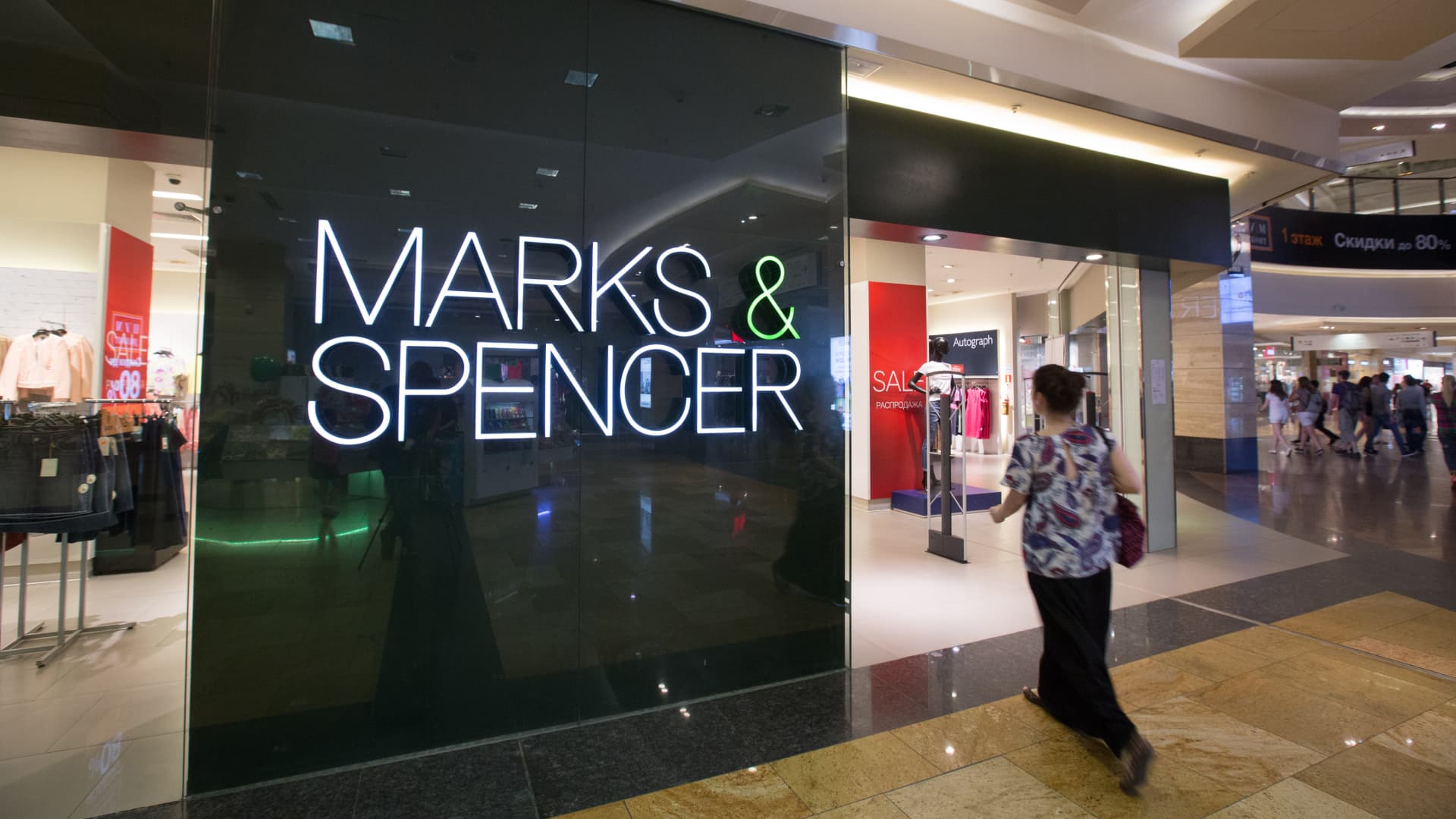 A customer enters a Marks & Spencer Group Plc store in the Afimall retail and entertainment center at the Moscow International Business Center in Moscow, Russia, on Saturday, Aug. 8, 2015.