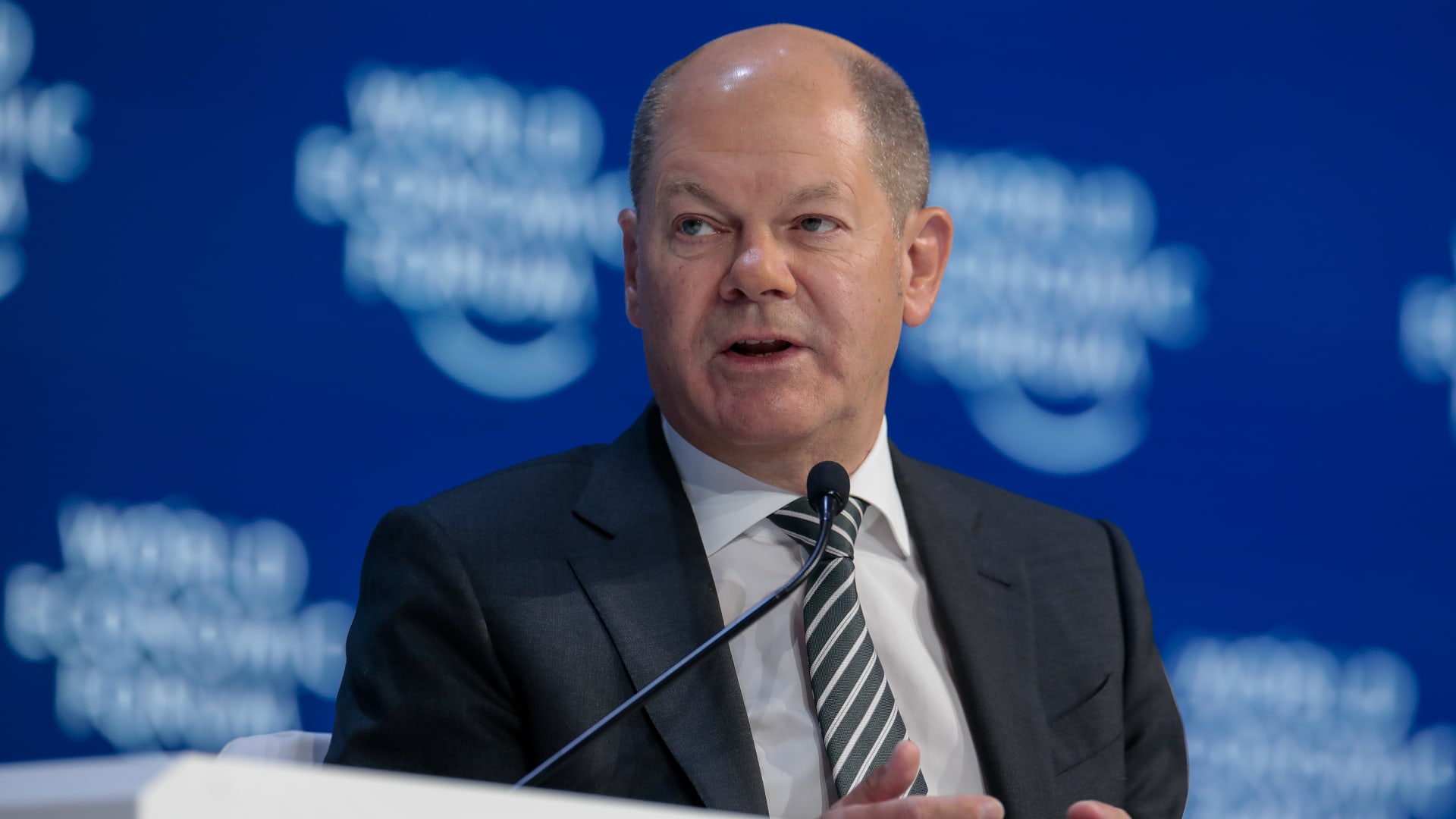 Olaf Scholz, Germany's chancellor speaks at the World Economic Forum (WEF) in Davos, Switzerland.