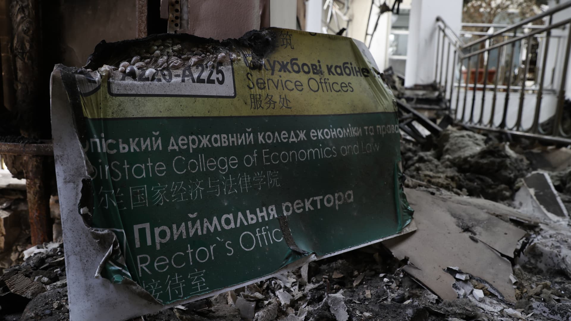 A view of destroyed State Tax University, which was used as shelter by civilians during Russian attacks, in Irpin, Ukraine on May 25, 2022. 