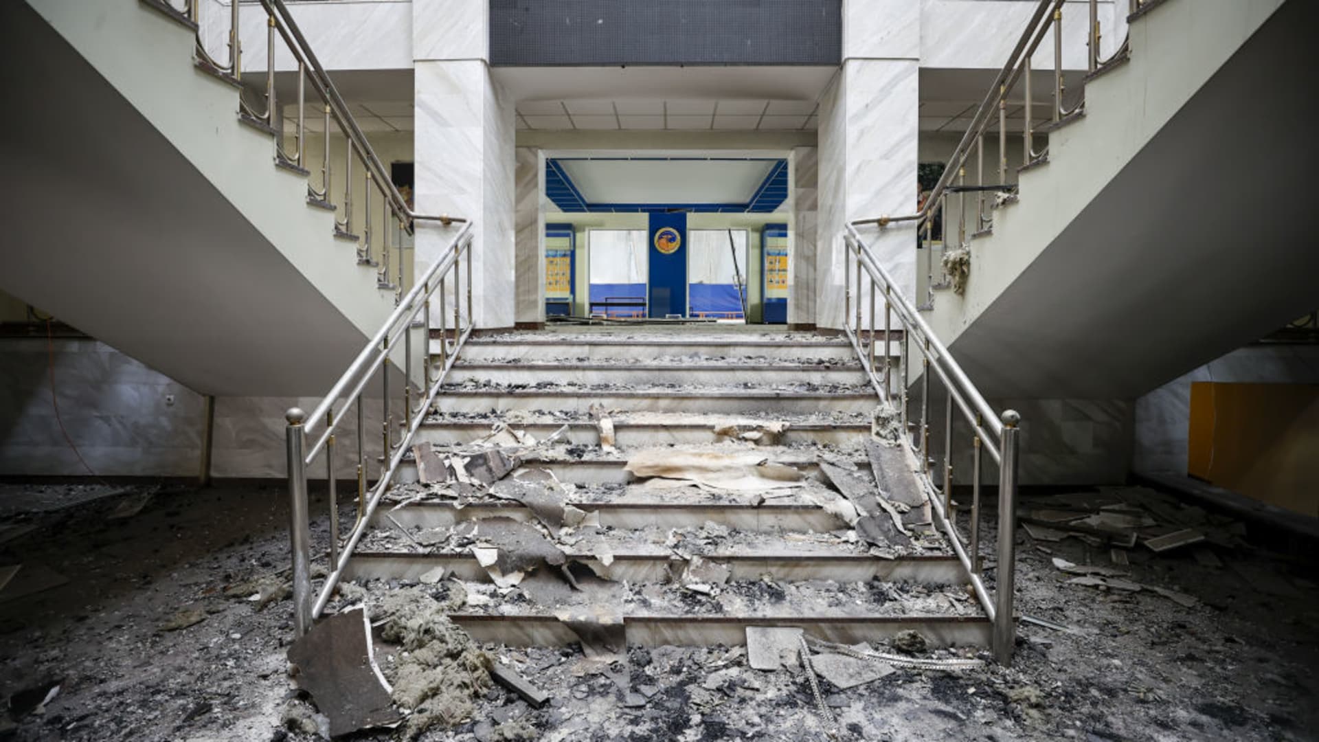 A view of destroyed State Tax University, which was used as shelter by civilians during Russian attacks, in Irpin, Ukraine on May 25, 2022. 
