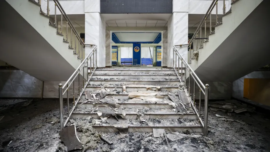 KYIV, UKRAINE - MAY 25: A view of destroyed State Tax University, which was used as shelter by civilians during Russian attacks, in Irpin, Ukraine on May 25, 2022. (Photo by Dogukan Keskinkilic/Anadolu Agency via Getty Images)