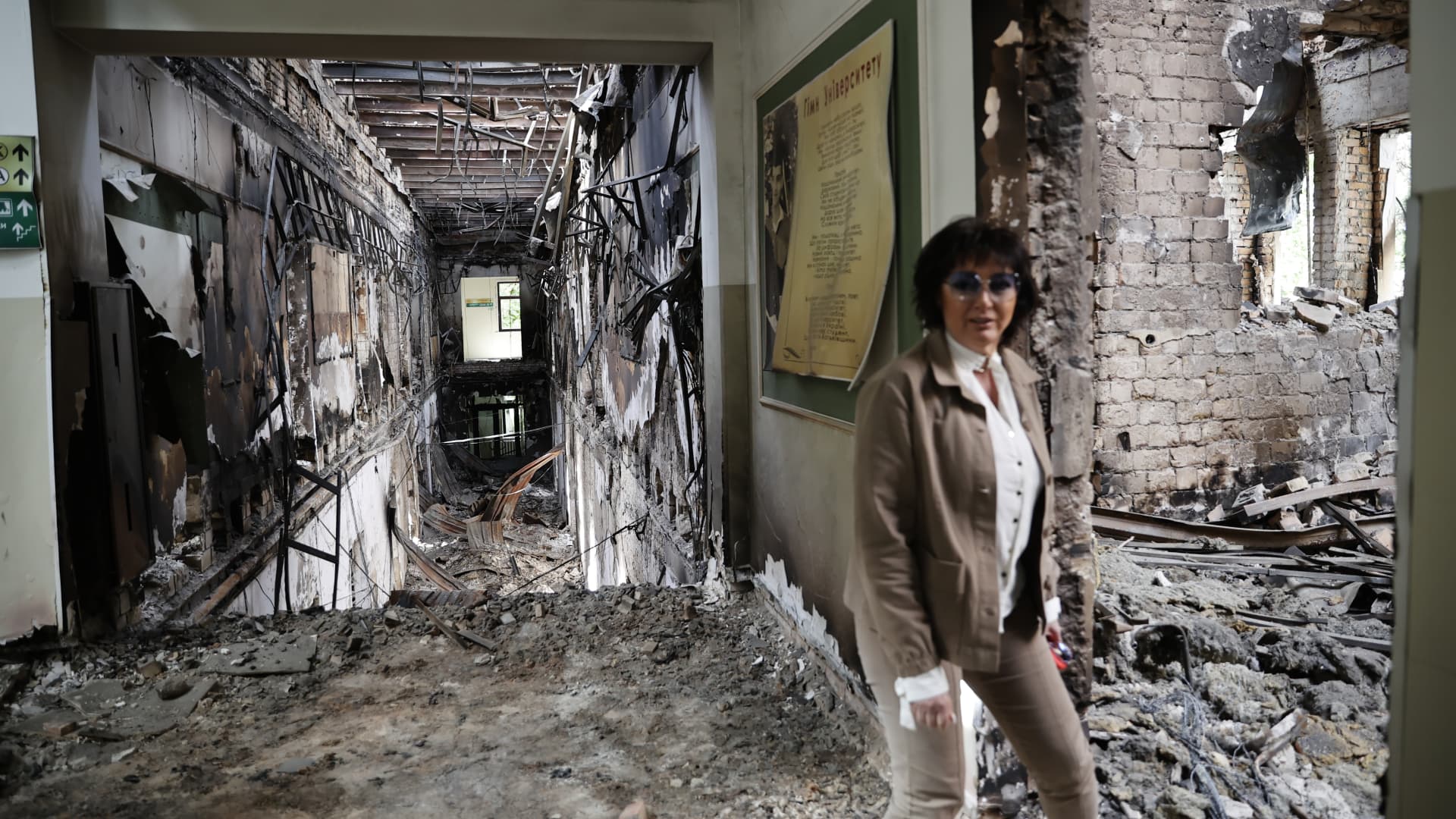 A view of destroyed State Tax University, which was used as shelter by civilians during Russian attacks, in Irpin, Ukraine on May 25, 2022.