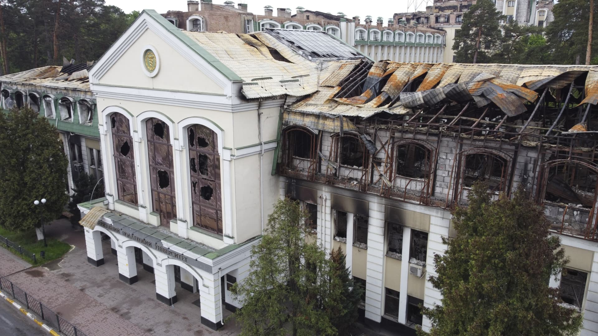 A view of destroyed State Tax University, which was used as shelter by civilians during Russian attacks, in Irpin, Ukraine on May 25, 2022.