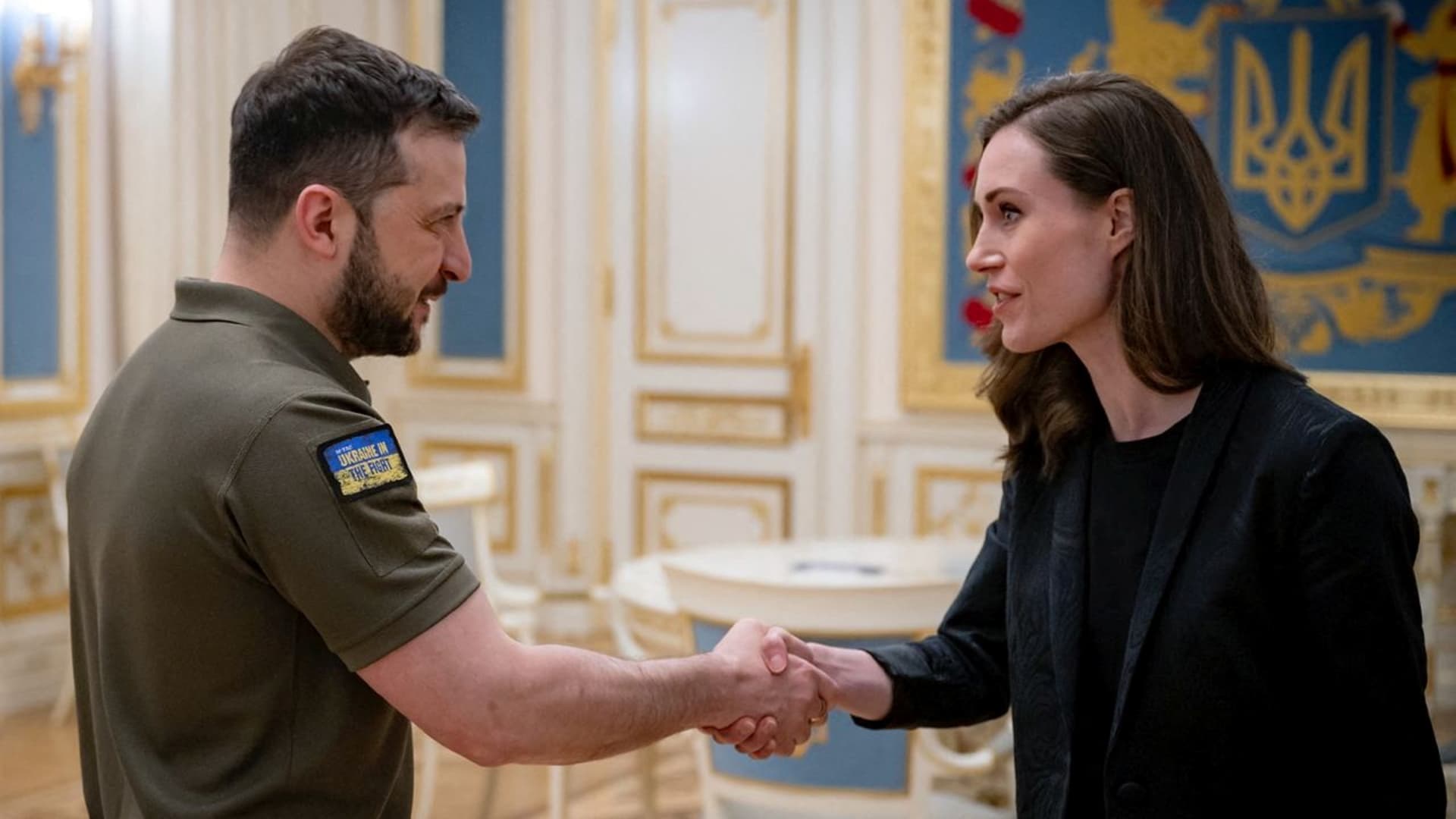 Ukraine's President Volodymyr Zelenskyy welcomes Finland's Prime Minister Sanna Marin before a meeting, as Russia's attack on Ukraine continues, in Kyiv, Ukraine May 26, 2022. 