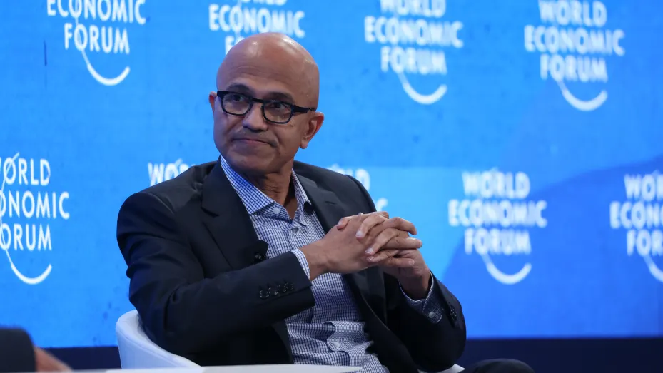 Satya Nadella, chief executive officer of Microsoft Corp., appears at a panel session at the World Economic Forum in Davos, Switzerland, on May 24, 2022.
