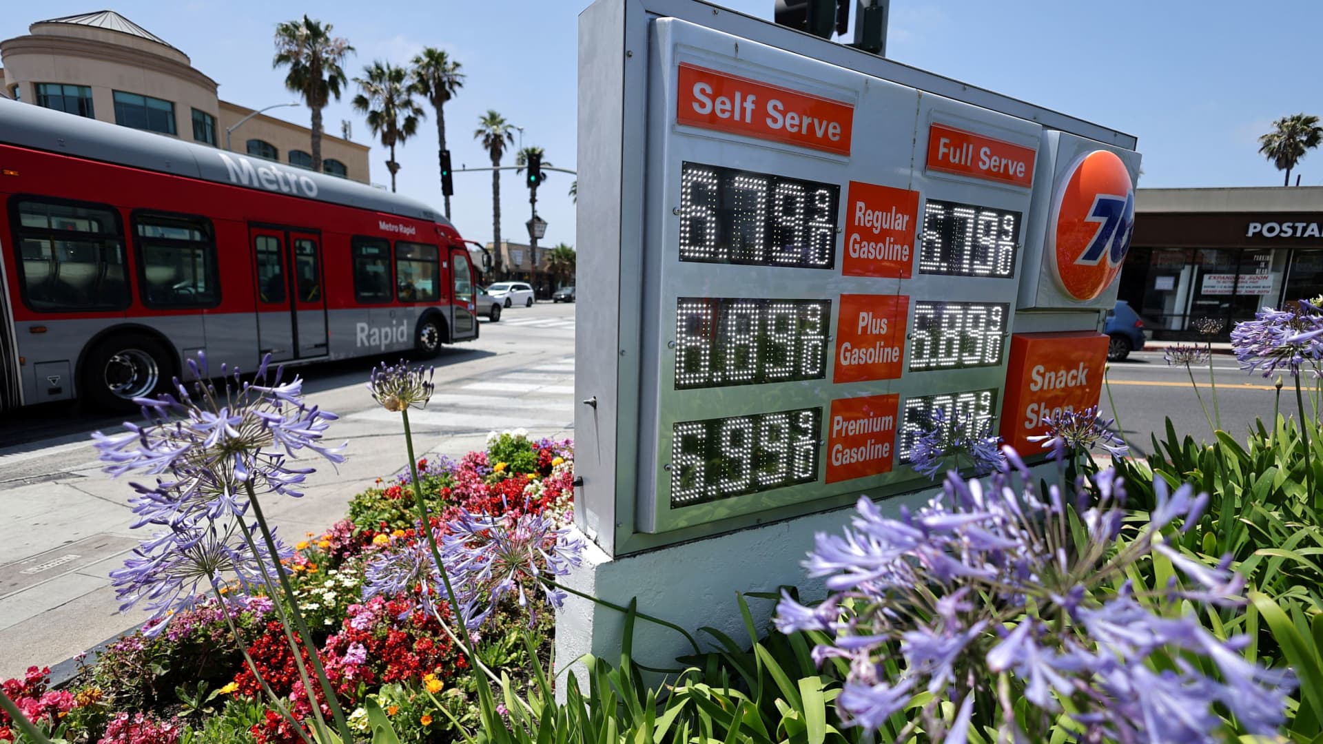 Gas prices over the $6.00 mark are advertised at a 76 Station in Santa Monica, California, May 26, 2022.