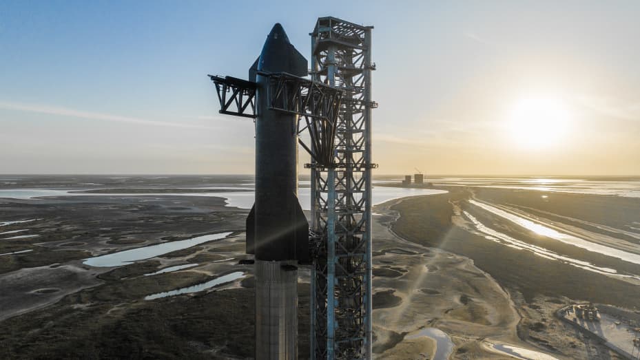 A Starship prototype stands on the company's launchpad in Boca Chica, Texas on March 16, 2022.