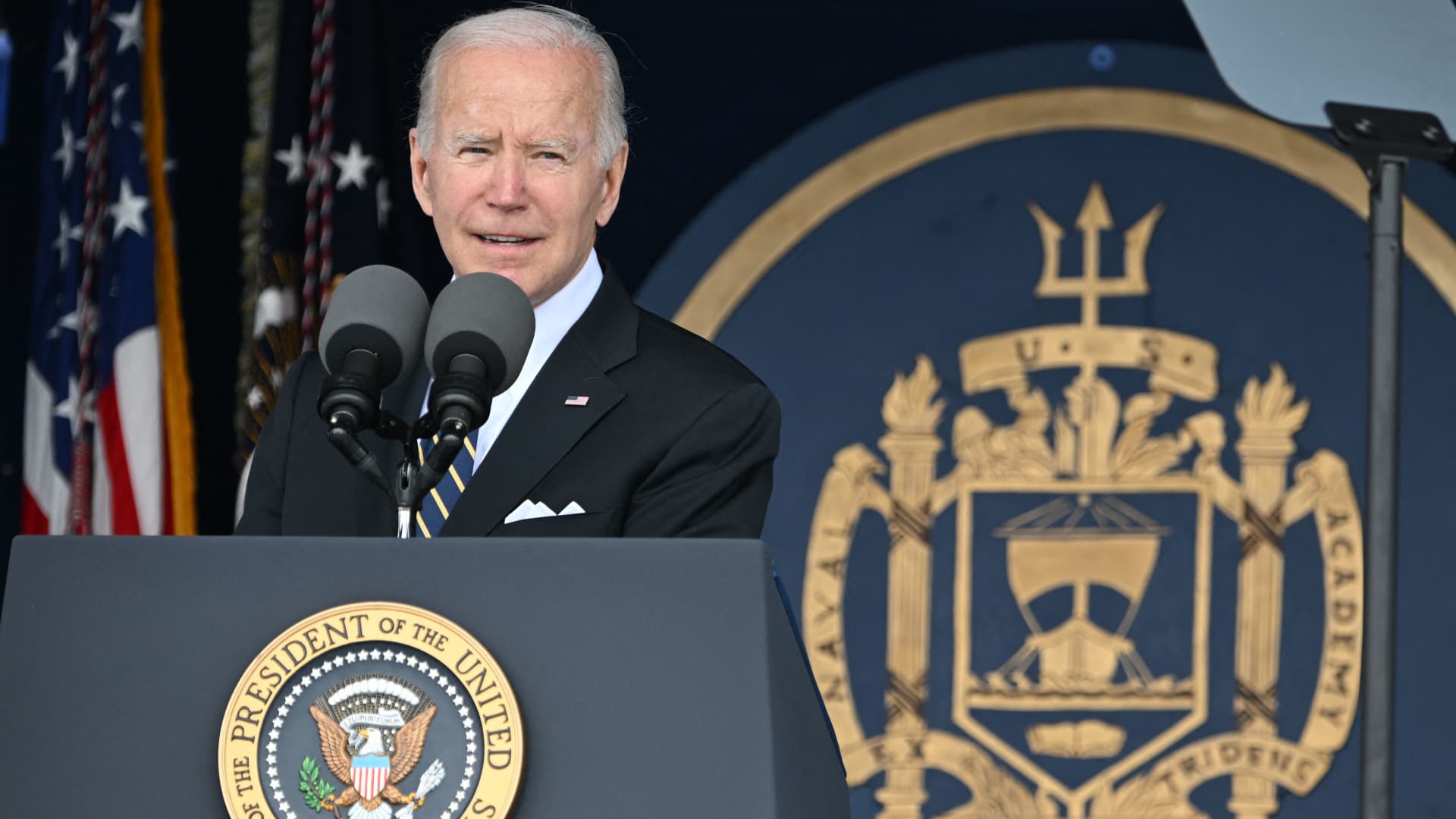 US President Joe Biden addresses the US Naval Academys Class of 2022 graduation and commissioning ceremony at Navy-Marine Corps Memorial Stadium in Annapolis, Maryland, on May 27, 2022.