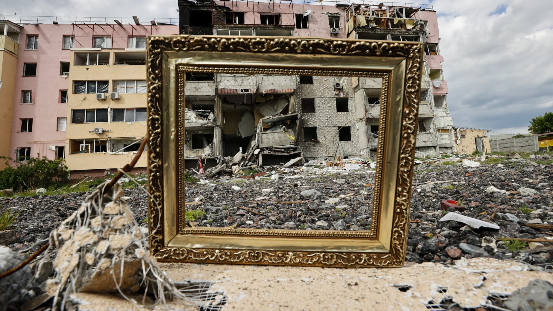 Destroyed buildings are seen after Russian attacks at Buzova village in Kyiv, Ukraine on May 26, 2022.