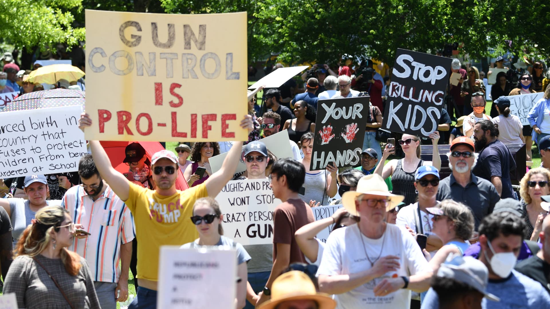 Gun rights activists and supporters protest outside the National Rifle Association Annual Meeting at the George R. Brown Convention Center, on May 27, 2022, in Houston, Texas.