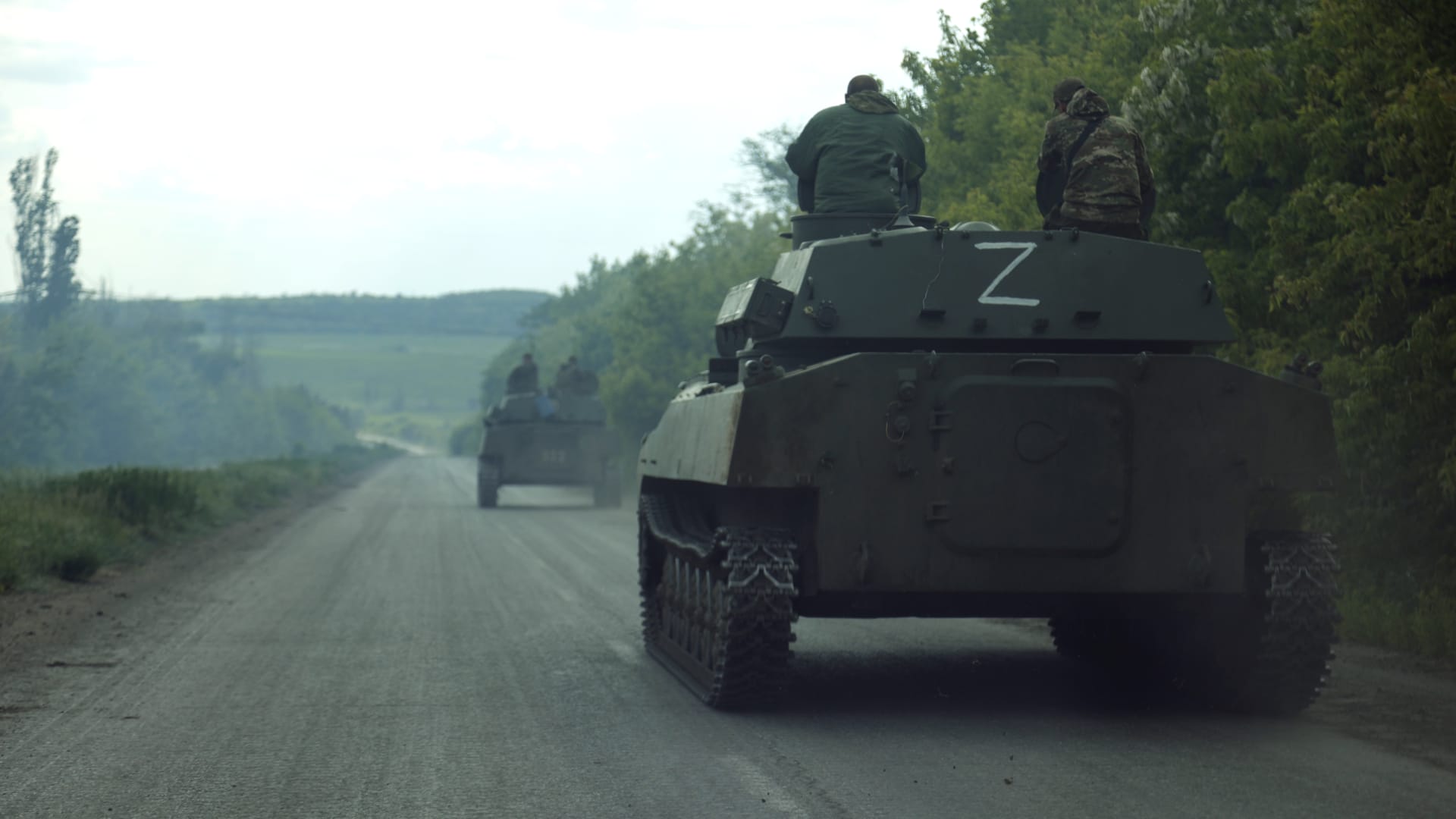 Military vehicles of the DPR army are seen in Yasynuvata, Donetsk Oblast, Ukraine on May 28, 2022. 