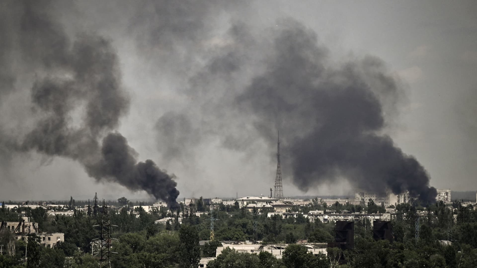 Smoke rises in the city of Severodonetsk during heavy fightings between Ukrainian and Russian troops at eastern Ukrainian region of Donbas on May 30, 2022, on the 96th day of the Russian invasion of Ukraine.
