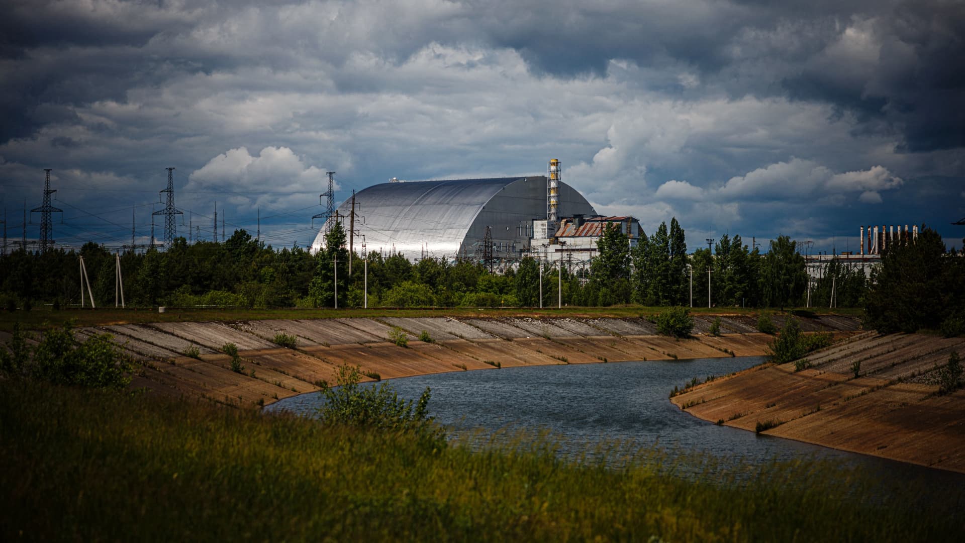 A photograph shows the New Safe Confinement at Chornobyl Nuclear Power Plant which cover the number 4 reactor unit on May 29, 2022, amid the Russian invasion of Ukraine.