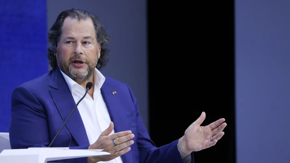 Marc Benioff, co-CEO of Salesforce.com Inc., speaks on a panel session at the World Economic Forum in Davos, Switzerland, on Tuesday, May 24, 2022.