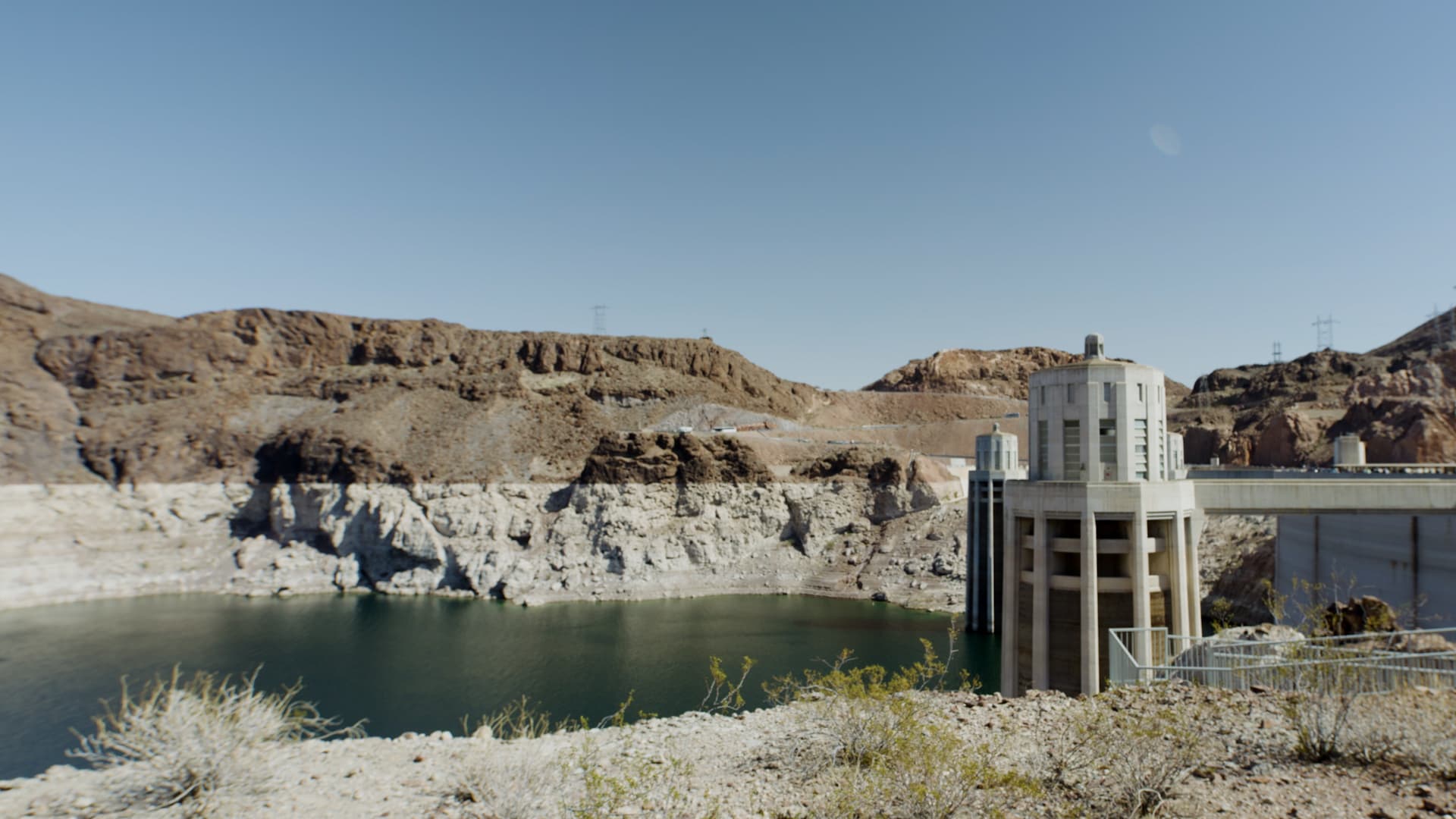 Lake Mead, the large reservoir located in Nevada and Arizona that feeds the Hoover Dam, is at an all-time low. The white rocks indicate the water level of the lake when it is full.