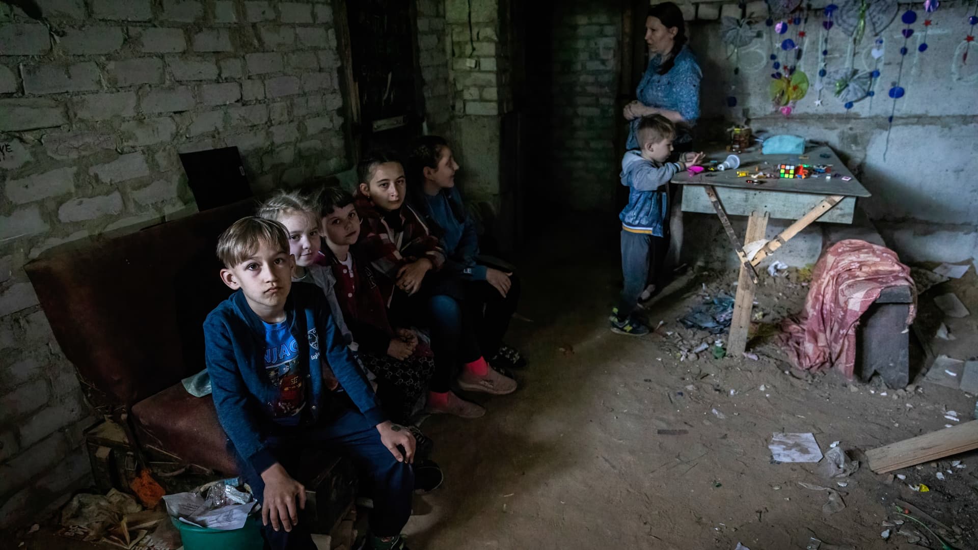 Children seen at an underground shelter. Nearly 100 days of war in Ukraine have rendered 3 million children inside Ukraine and over 2.2 million children in refugee-hosting countries in need of humanitarian aid, with nearly 2 out of every 3 children displaced by fighting.