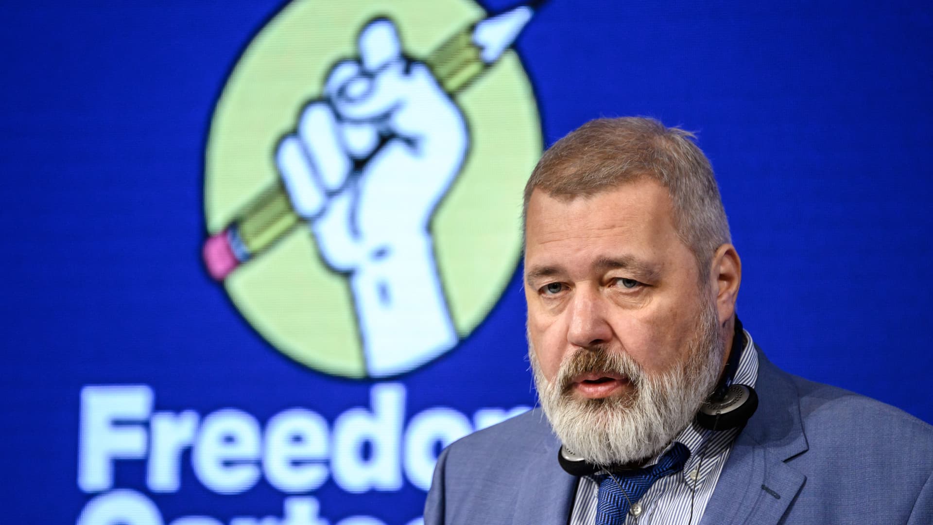 2021 Nobel Peace Prize laureate Dmitry Muratov gives a speech at the Cartooning Award Ceremony during the World Press Freedom Day in Geneva on May 3, 2022.