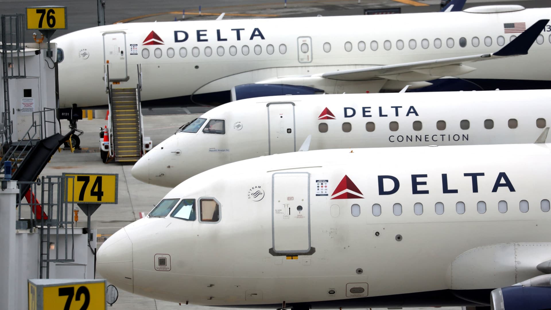 Delta Airlines passenger jets are pictured outside the newly completed 1.3 million-square foot $4 billion Delta Airlines Terminal C at LaGuardia Airport in New York, June 1, 2022.