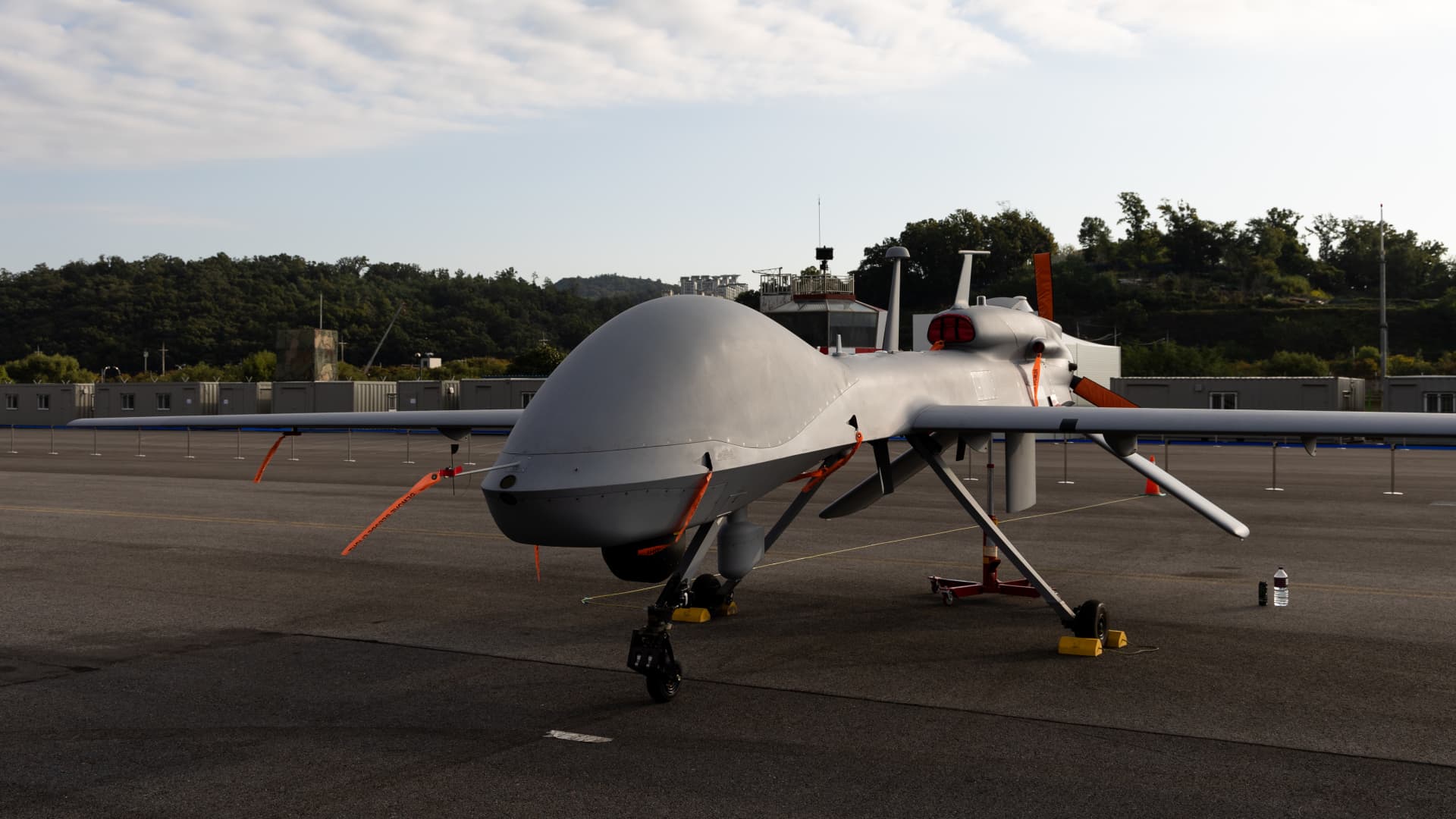 A U.S. Air Force MQ-1C Gray Eagle drone, developed by General Atomics stands on display at the Seoul International Aerospace & Defense Exhibition (ADEX) at Seoul Airport in Seongnam, South Korea, on Monday, Oct. 18, 2021.
