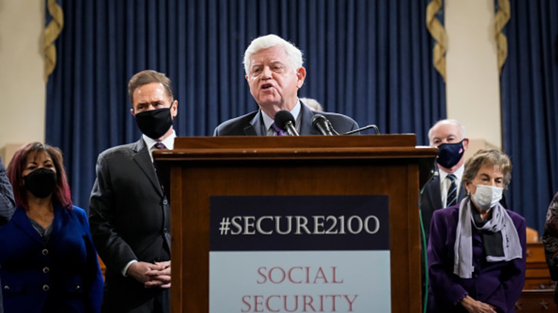 Rep. John Larson, D-Conn., and other lawmakers discuss the Social Security 2100 Act, which would include increased minimum benefits, on Capitol Hill on Oct. 26, 2021.