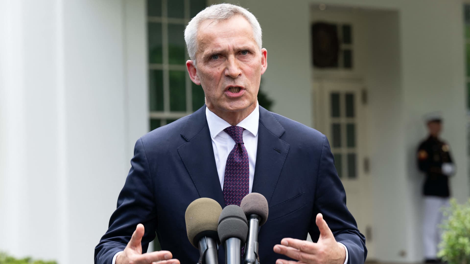 NATO Secretary General Jens Stoltenberg speaks to the media outside of the West Wing following a meeting with US President Joe Biden at the White House in Washington, DC, June 2, 2022.