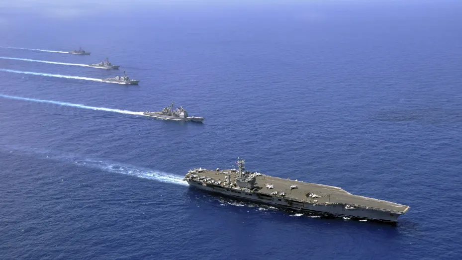 The Quad's MDA program may further militarize the Indo-Pacific region, where U.S. aircraft carrier USS Nimitz is seen here in a file photo leading a formation.