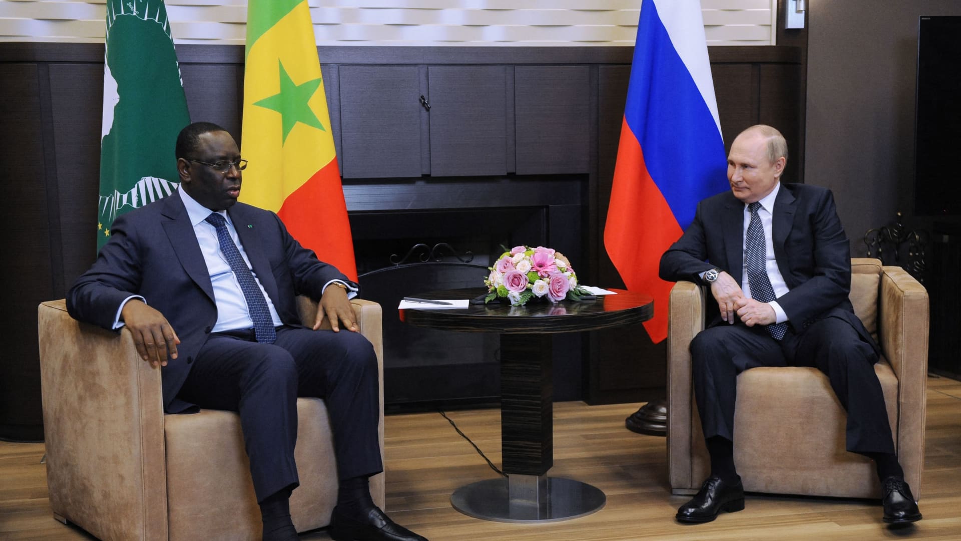 Russian President Vladimir Putin meets with Senegal's President and Chairperson of the African Union (AU) Macky Sall in Sochi on June 3, 2022.