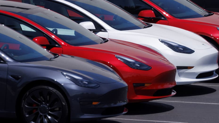 Tesla vehicles are shown at a sales and service center in Vista, California, June 3, 2022.