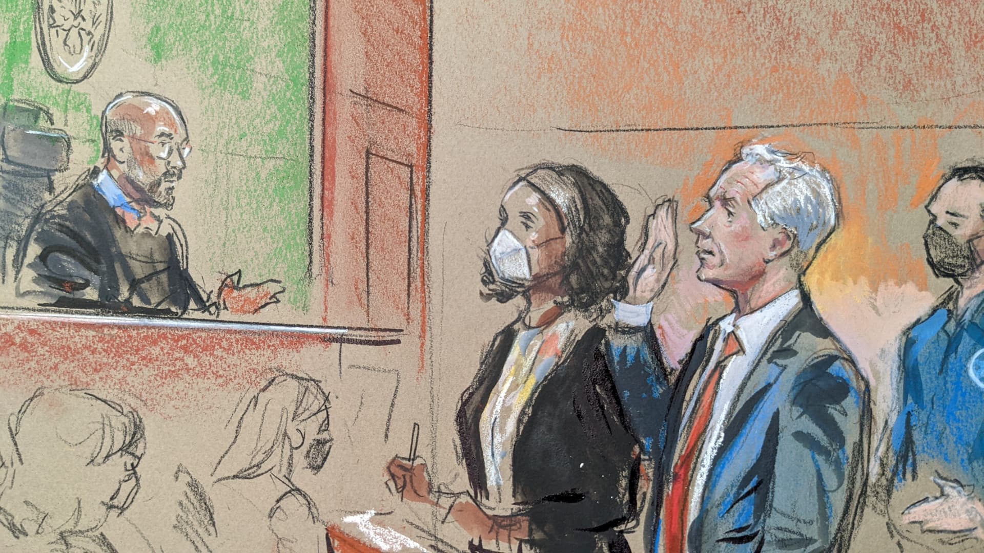 Court sketch showing Peter Navarro swearing in on June 3rd, 2022.