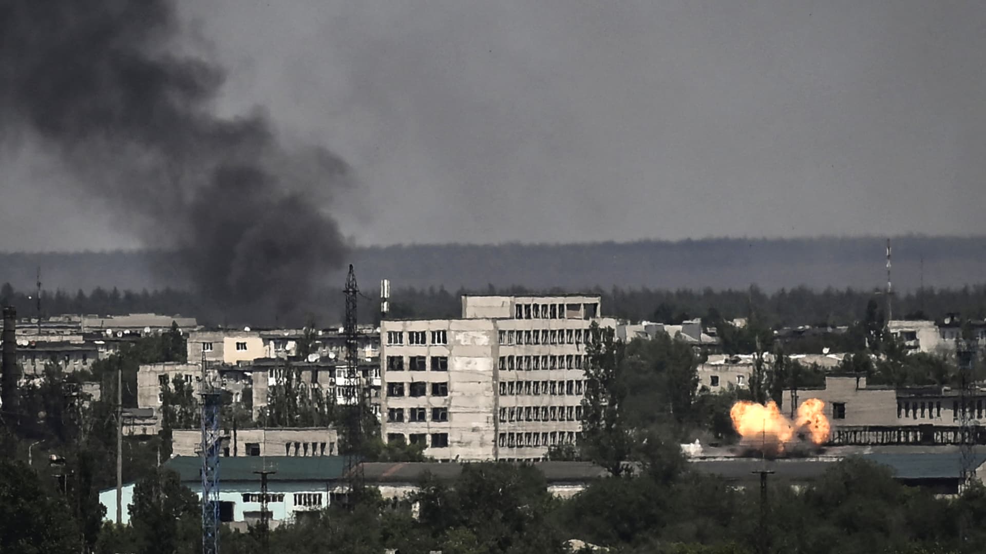 A photograph shows an explosion in the city of Severodonetsk during heavy fightings between Ukrainian and Russian troops at eastern Ukrainian region of Donbas on May 30, 2022, on the 96th day of the Russian invasion of Ukraine.