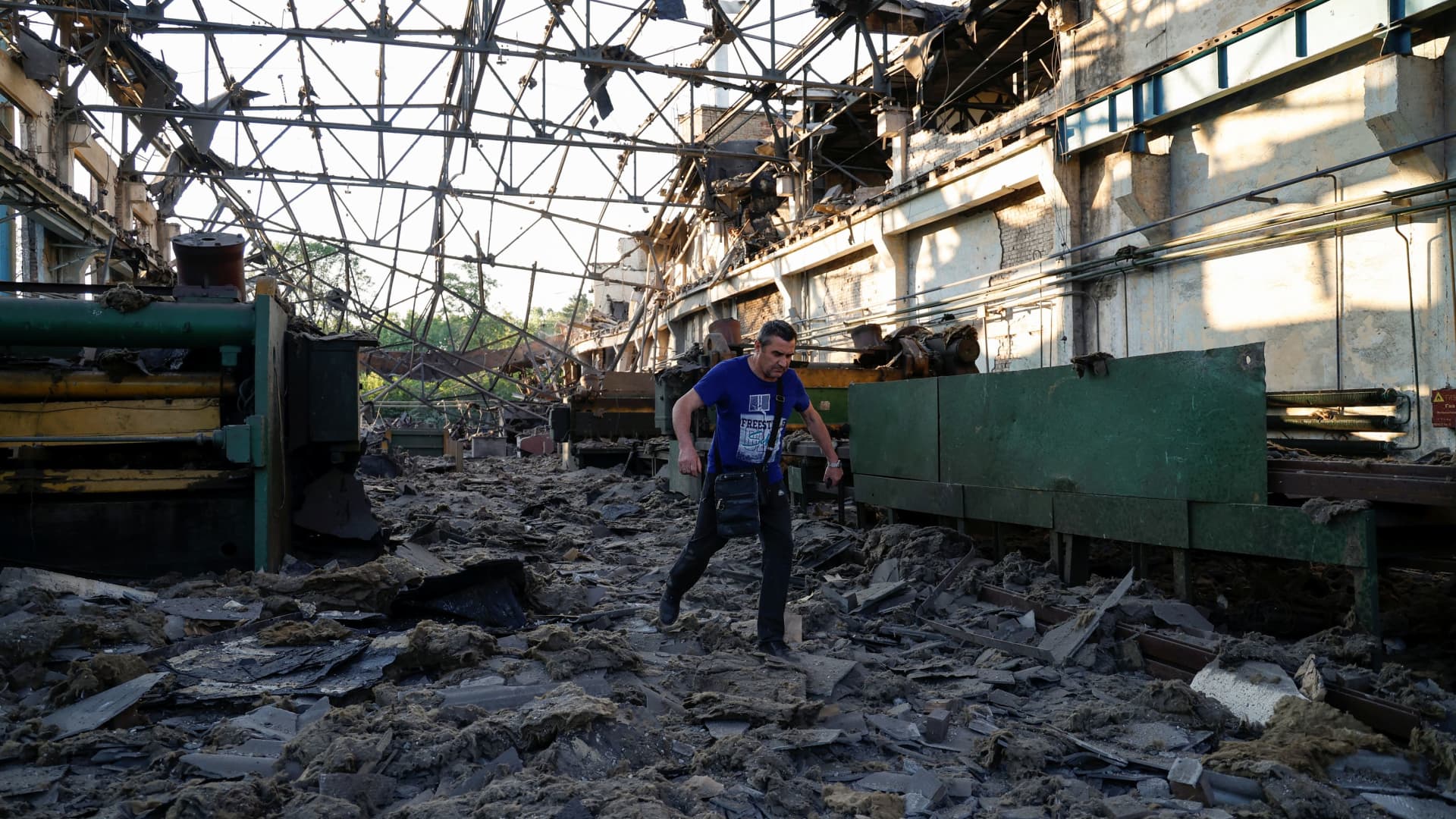 Seri, head of the blacksmith department, walks at his facility damaged by missile strikes, as Russia's attacks Ukraine in continues, at the Darnytsia Car Repair Plant, in Kyiv, Ukraine June 5, 2022. 