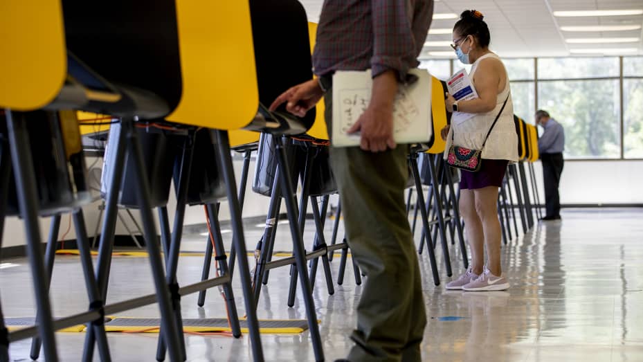 LA County voters go to the polls to vote in-person the day before Election Day at the LA County Registrar-Recorder on June 6, 2022 in Norwalk, California.